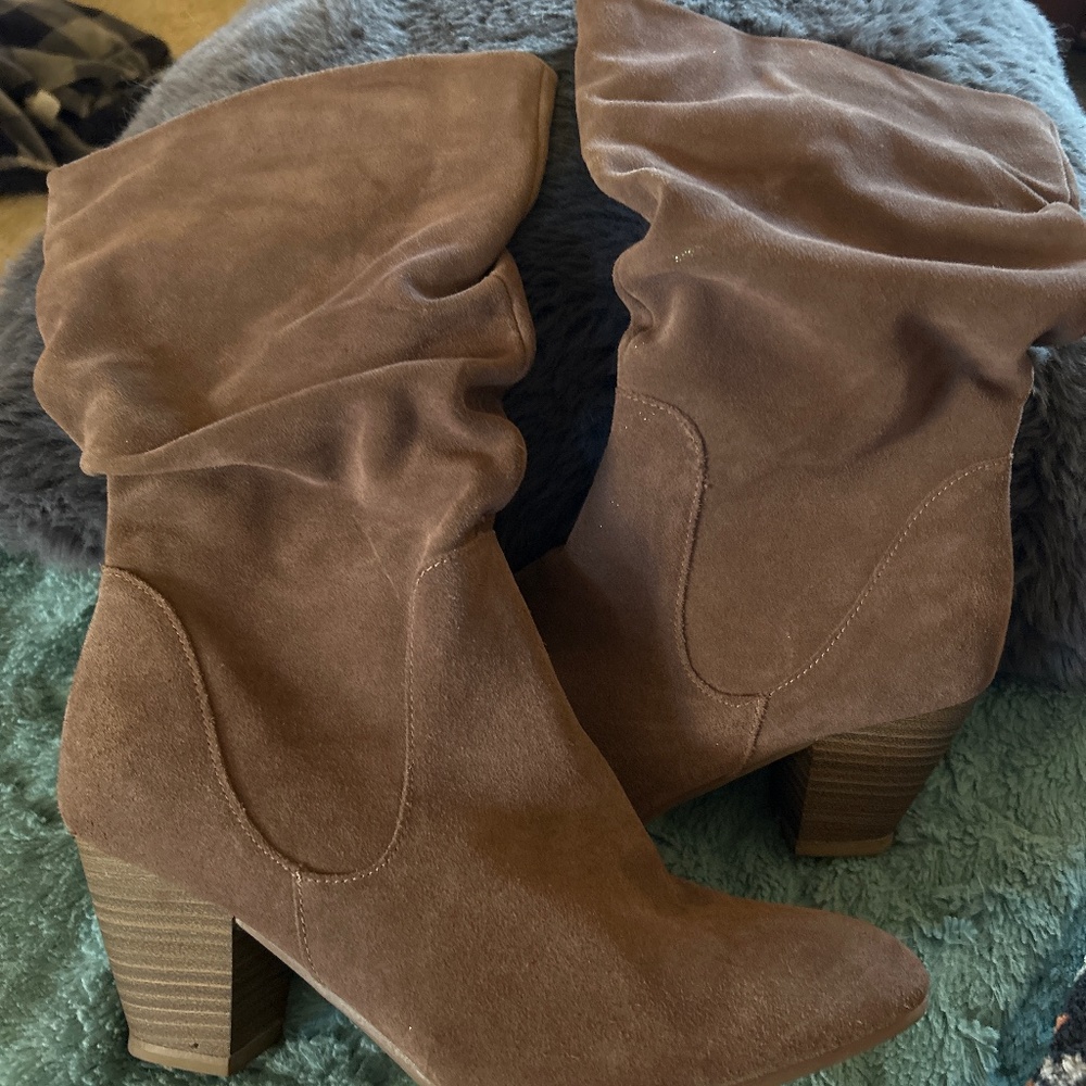 Beige slouch mid calf boots